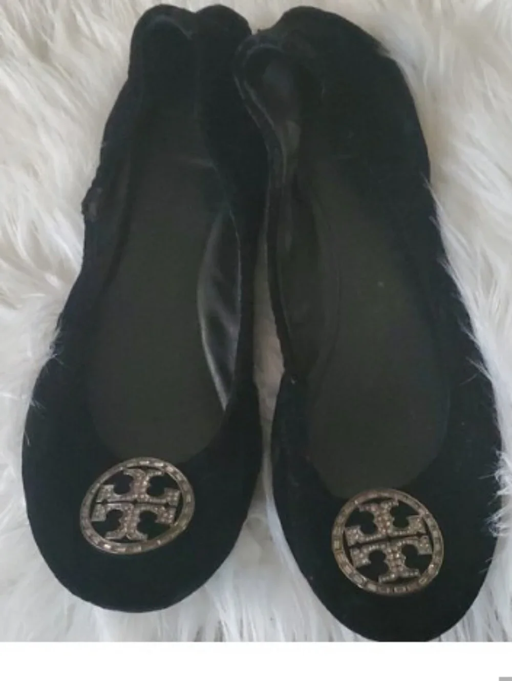 Tory Burch Black Velvet Ballet Flats with Silver Logo Medallion